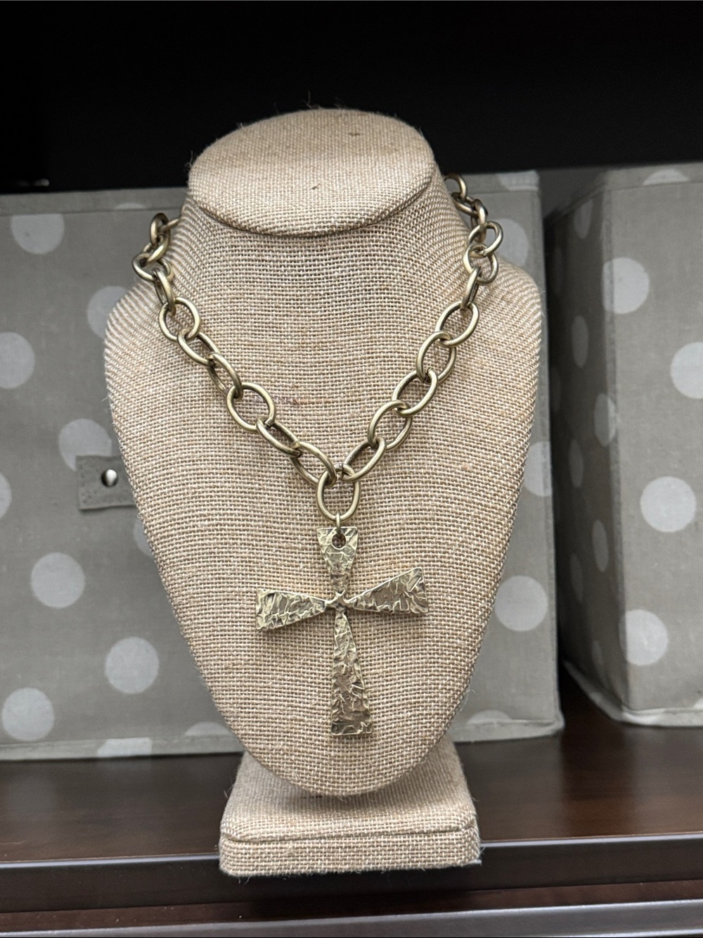 French Kande Brass Tone Hammered Cross Pendant Necklace - Women Jewelry